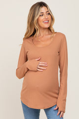 Camel Ribbed Basic Long Sleeve Maternity Top