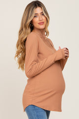 Camel Ribbed Basic Long Sleeve Maternity Top