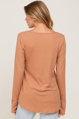 Camel Ribbed Basic Long Sleeve Top