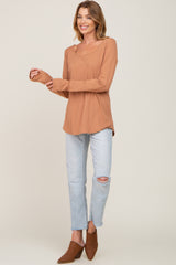 Camel Ribbed Basic Long Sleeve Top