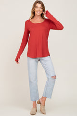 Rust Ribbed Basic Long Sleeve Top