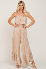 Taupe Floral Sleeveless Wide Leg Jumpsuit