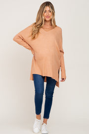 Peach Ribbed Oversized Hi-Low Maternity Long Sleeve Top