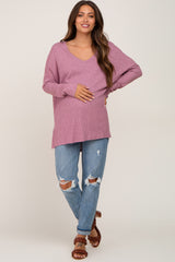 Mauve Ribbed Oversized Hi-Low Maternity Long Sleeve Top