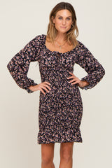 Black Floral Print Long Sleeve Smocked Maternity Dress