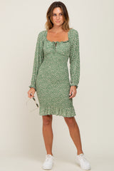 Sage Leaf Print Long Sleeve Smocked Dress