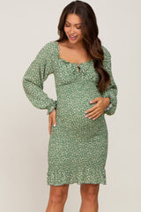 Sage Leaf Print Long Sleeve Smocked Maternity Dress