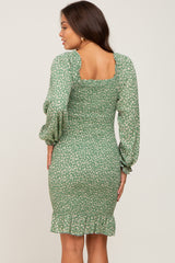 Sage Leaf Print Long Sleeve Smocked Maternity Dress