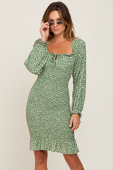 Sage Leaf Print Long Sleeve Smocked Maternity Dress