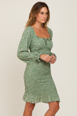 Sage Leaf Print Long Sleeve Smocked Dress