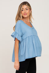 Blue Chambray Ruffle Peplum Maternity Blouse