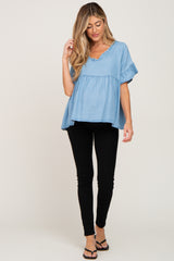 Blue Chambray Ruffle Peplum Maternity Blouse