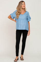 Blue Chambray Ruffle Peplum Maternity Blouse