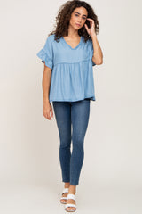 Blue Chambray Ruffle Peplum Blouse