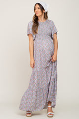 Lavender Floral Smocked Tiered Maternity Maxi Dress