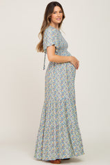 Blue Floral Smocked Tiered Maternity Maxi Dress