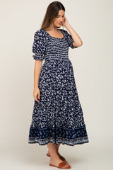 Navy Blue Floral Smocked Embroidered Square Neck Maternity Midi Dress