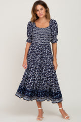 Navy Blue Floral Smocked Embroidered Square Neck Maternity Midi Dress