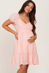 Pink Floral Wrap Puff Sleeve Maternity Dress