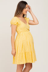 Yellow Floral Wrap Puff Sleeve Maternity Dress