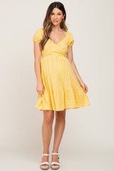 Yellow Floral Wrap Puff Sleeve Maternity Dress