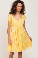 Yellow Floral Wrap Puff Sleeve Maternity Dress