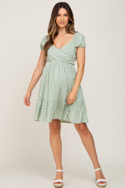 Light Green Floral Wrap Puff Sleeve Maternity Dress