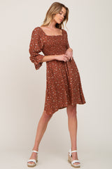 Brown Floral Ruffle Sleeve Smocked Maternity Dress