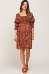 Brown Floral Ruffle Sleeve Smocked Maternity Dress