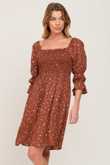 Brown Floral Ruffle Sleeve Smocked Dress