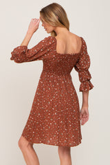 Brown Floral Ruffle Sleeve Smocked Dress