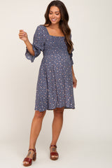 Navy Floral Ruffle Sleeve Smocked Maternity Dress