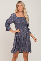 Navy Floral Ruffle Sleeve Smocked Maternity Dress