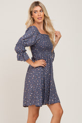 Navy Floral Ruffle Sleeve Smocked Dress