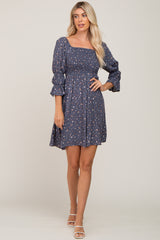 Navy Floral Ruffle Sleeve Smocked Dress