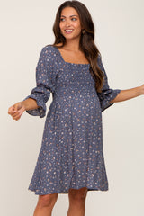 Navy Floral Ruffle Sleeve Smocked Maternity Dress