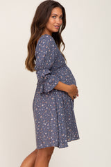 Navy Floral Ruffle Sleeve Smocked Maternity Dress