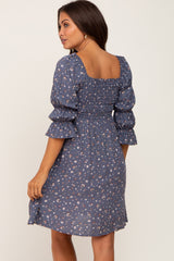 Navy Floral Ruffle Sleeve Smocked Maternity Dress