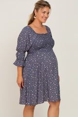 Blue Floral Smocked 3/4 Sleeve Maternity Plus Dress