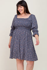 Blue Floral Smocked 3/4 Sleeve Maternity Plus Dress