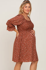 Brown Floral Smocked 3/4 Sleeve Maternity Plus Dress