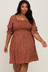 Brown Floral Smocked 3/4 Sleeve Plus Dress