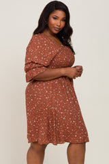 Brown Floral Smocked 3/4 Sleeve Plus Dress