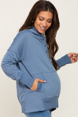 Blue Snap Front Button Maternity Hoodie