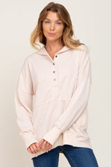 Beige Snap Front Button Maternity Hoodie