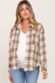 Taupe Plaid Frayed Maternity Button Up