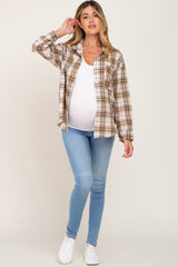 Taupe Plaid Frayed Maternity Button Up