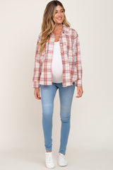 Pink Plaid Frayed Maternity Button Up