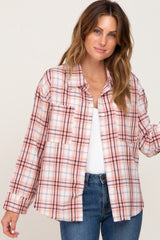 Pink Plaid Frayed Maternity Button Up