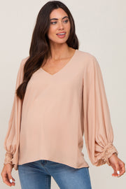 Taupe Long Sleeve Crochet Lace Maternity Blouse